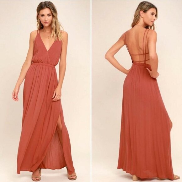 Lulu's Lost in Paradise Rusty Rose Plunging V-Neck Open Back Strappy Maxi Dress - Picture 1 of 16